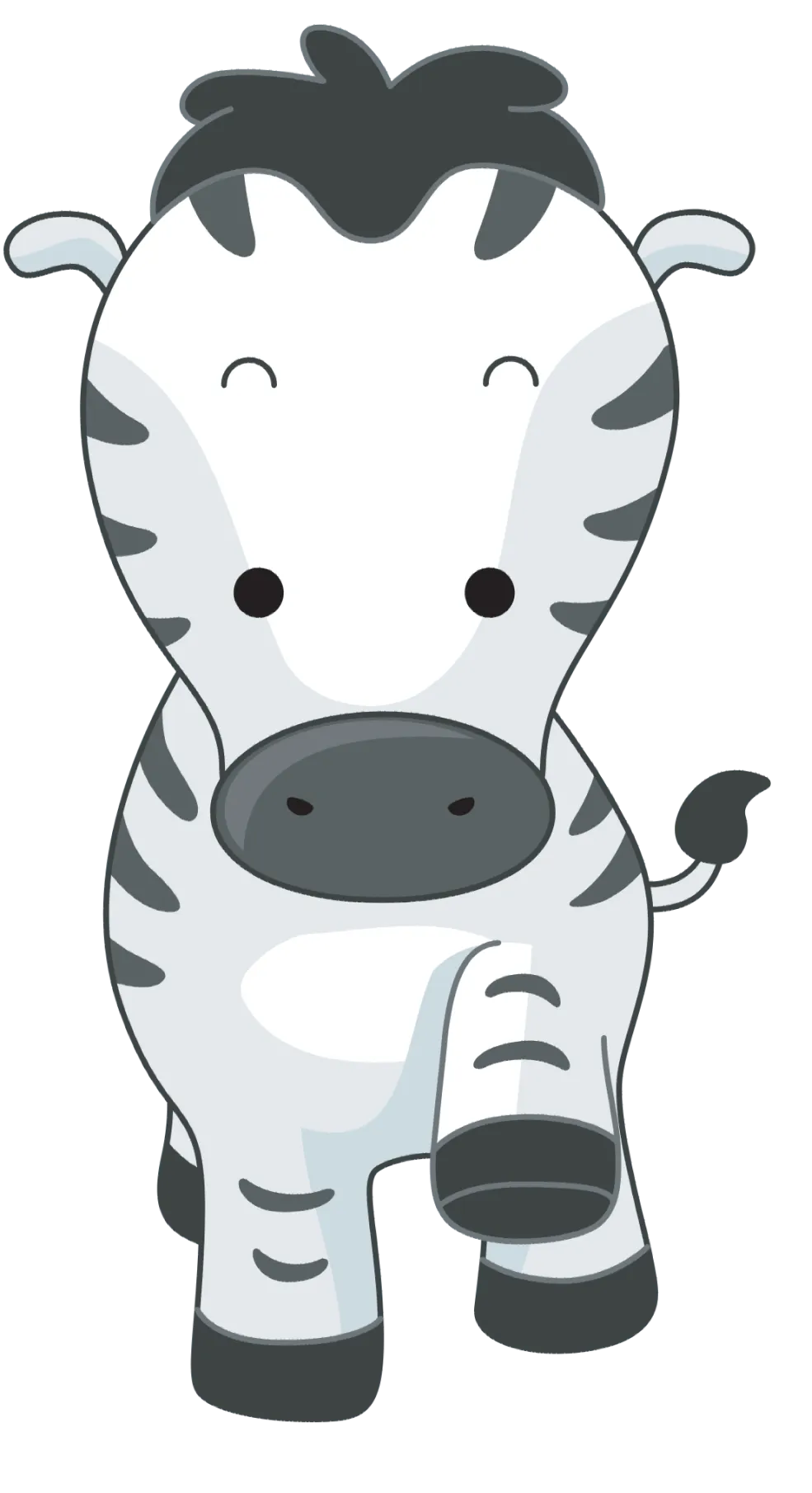 Cartoon zebra standing on two legs, smiling and looking to the side.