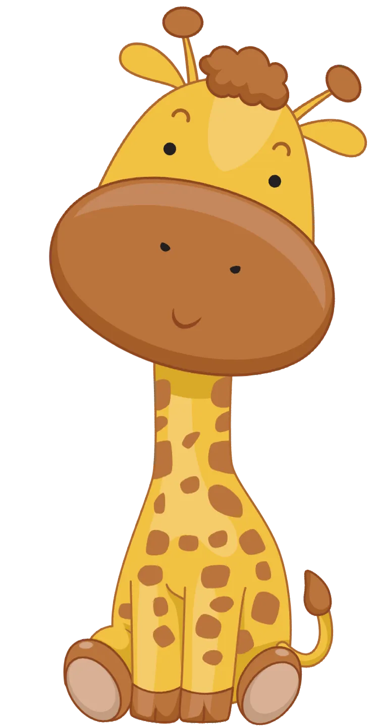 A cartoon giraffe with a smiling face, wearing a brown coat and standing against a gray background.