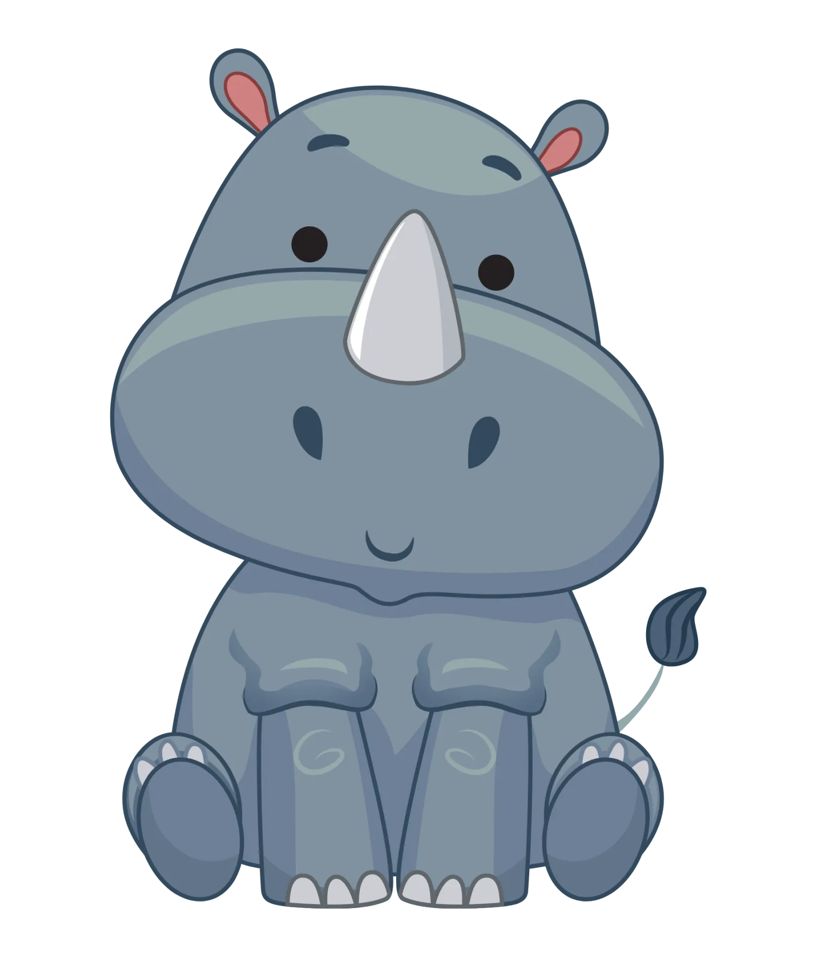 A cartoon image of a gray rhinoceros with a content expression, sitting upright and holding its legs together.