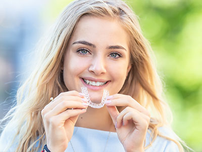 Smiling woman holding a dental retainer.