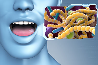 The image features a 3D rendering of a human face with an open mouth, positioned in the foreground. In the background, there s a microscopic representation of bacteria or viruses, suggesting a theme related to health and immunity.